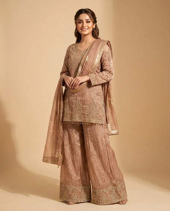 Peach Tissue Sharara Suit with Embroidered Detail - Rangoli India