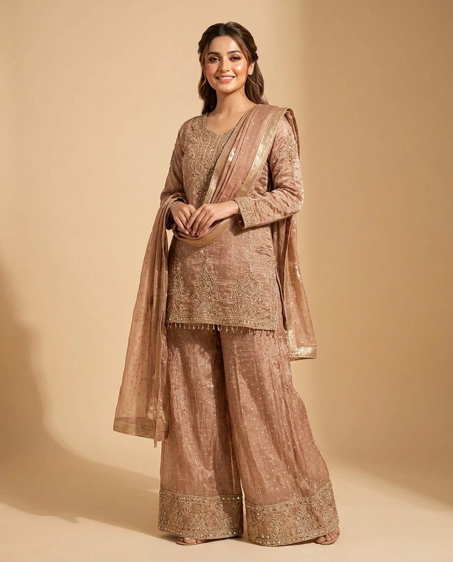 Peach Tissue Sharara Suit with Embroidered Detail - Rangoli India