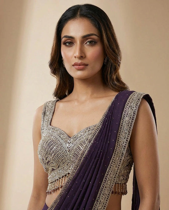 Purple Lycra Designer Saree with Pre-Draped Pleats - Rangoli India