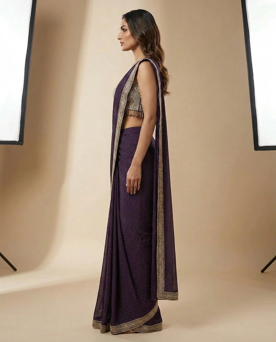 Purple Lycra Designer Saree with Pre-Draped Pleats view 3