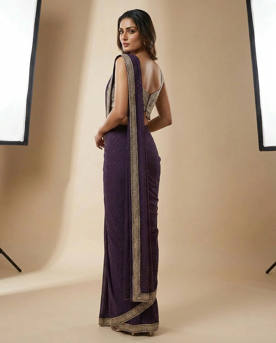 Purple Lycra Designer Saree with Pre-Draped Pleats view 4