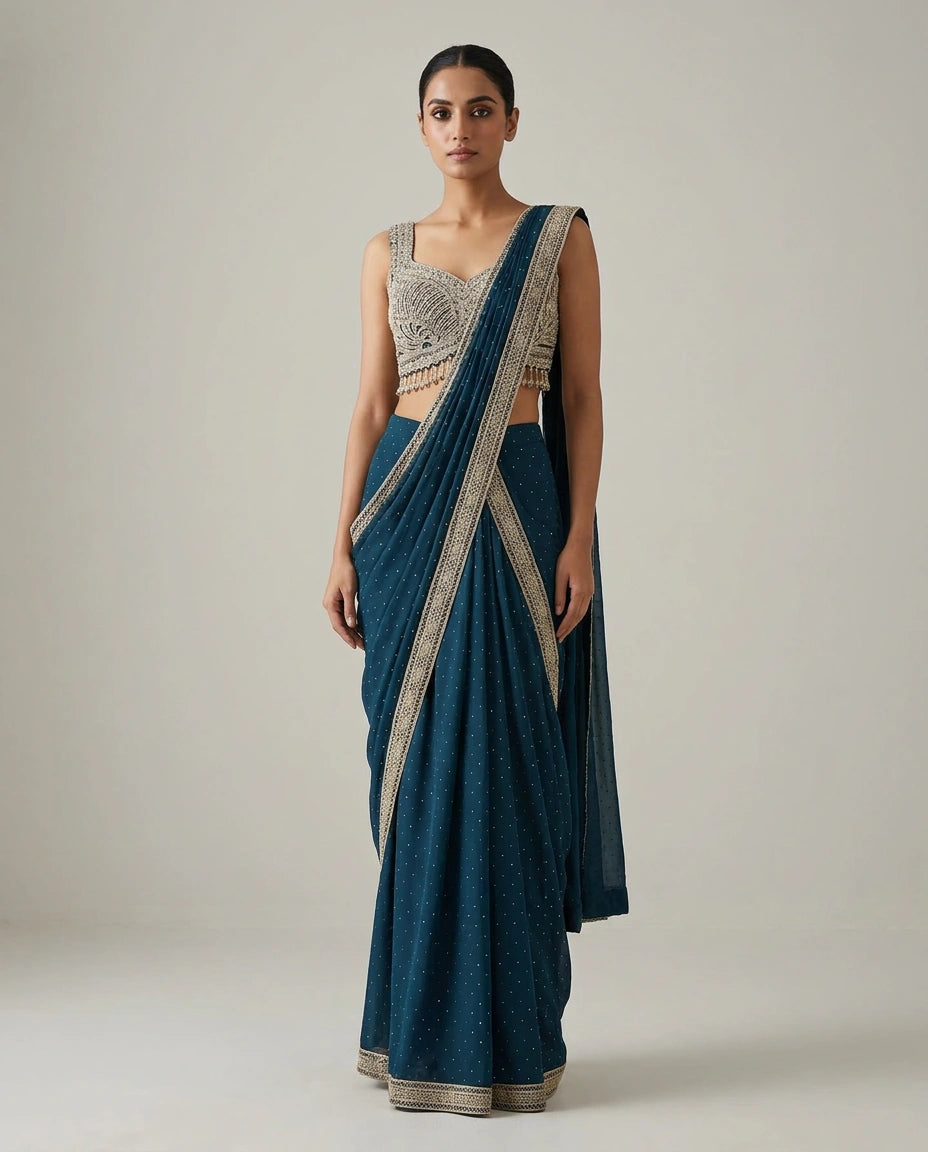 Purple Lycra Designer Saree with Pre-Draped Pleats view 5