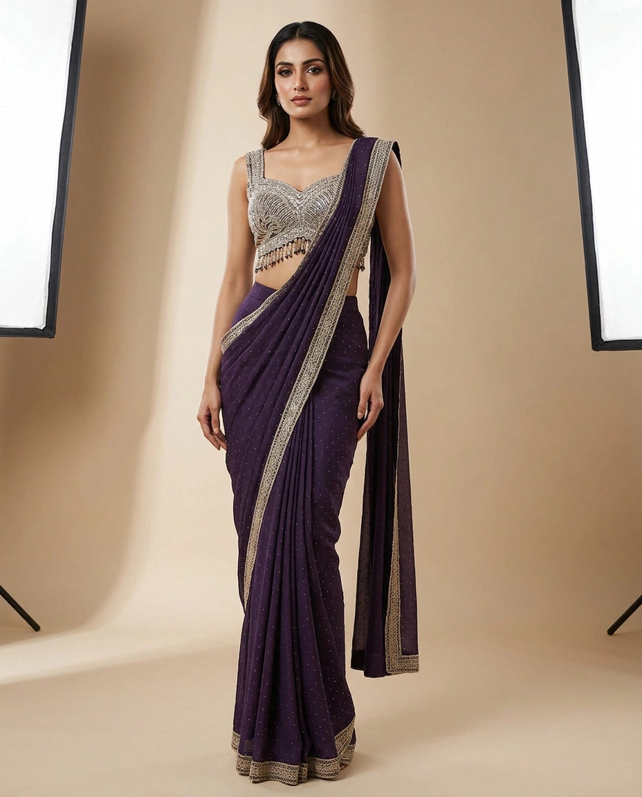Purple Lycra Designer Saree with Pre-Draped Pleats view 2