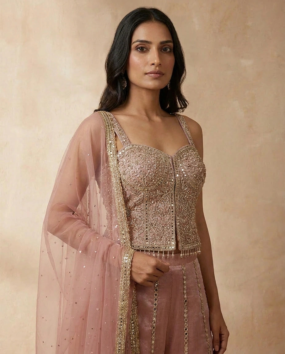 Beige Tissue Choli Palazzo Set with Sequin Work