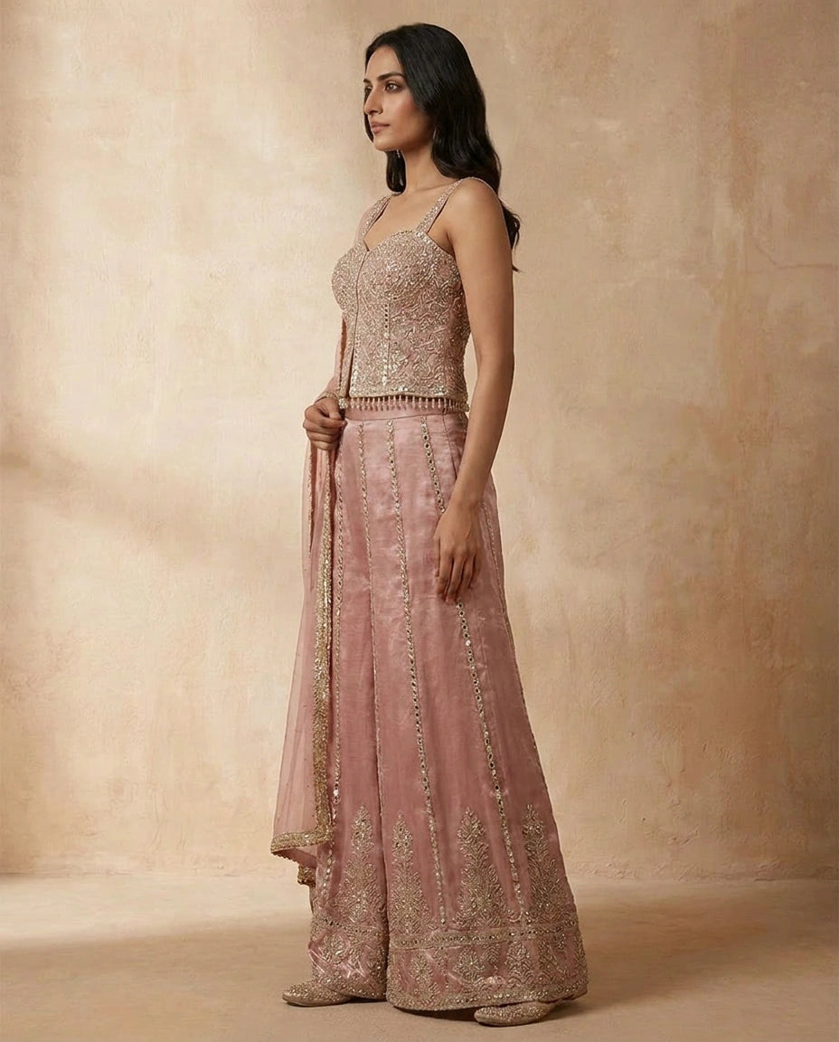 Beige Tissue Choli Palazzo Set with Sequin Work