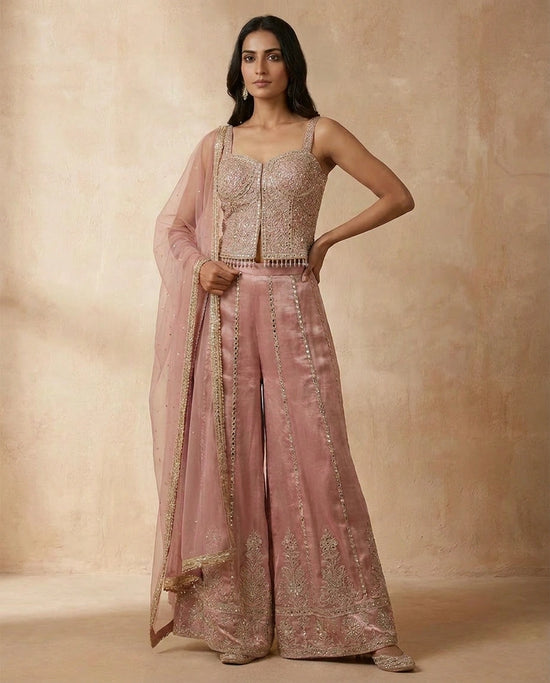 Beige Tissue Choli Palazzo Set with Sequin Work