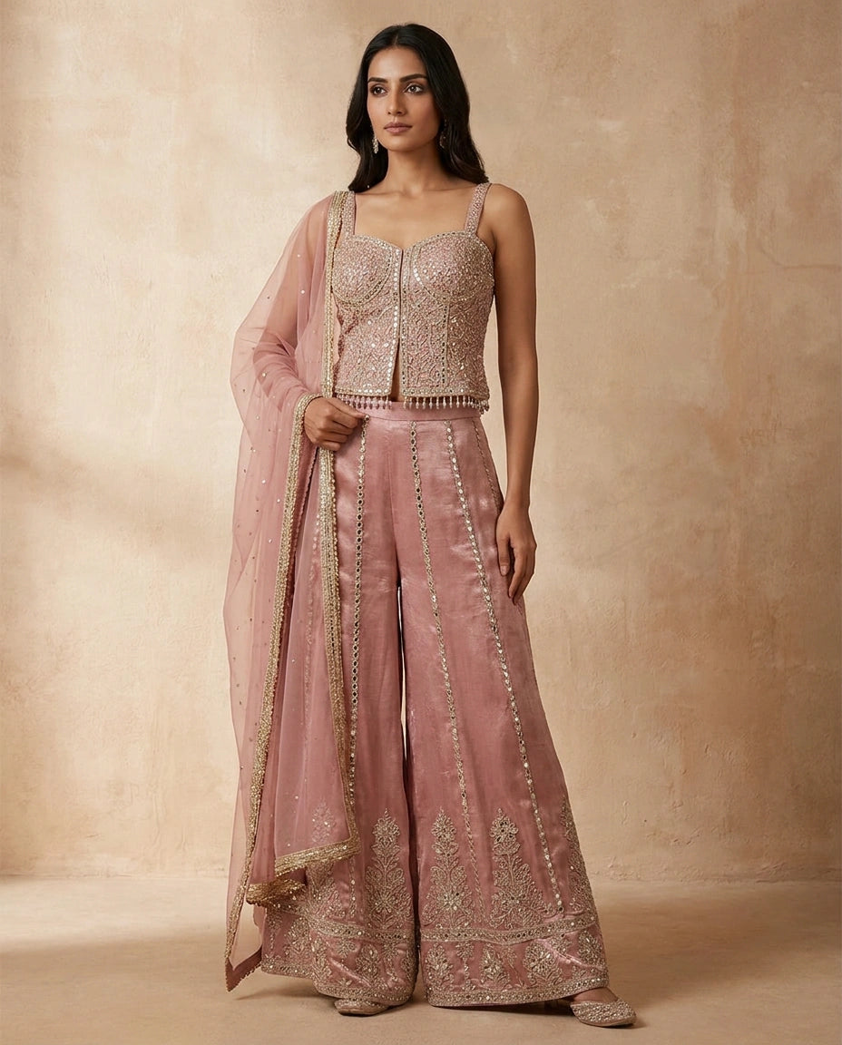 Beige Tissue Choli Palazzo Set with Sequin Work