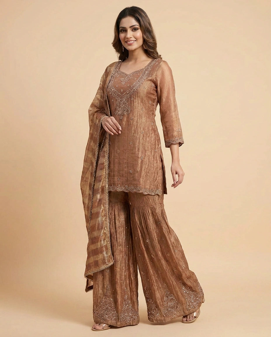 Tissue Sharara Suit with Woven Design - Rangoli India