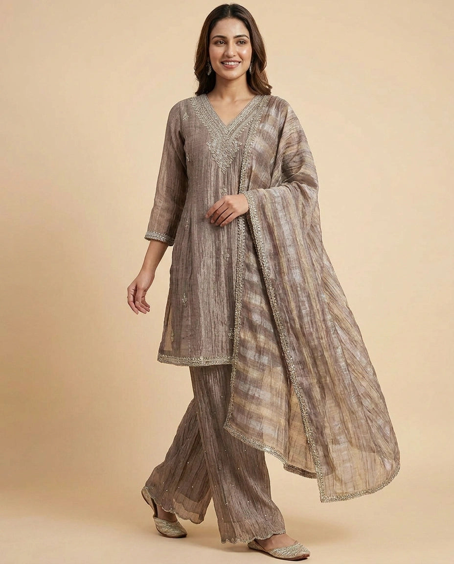 Crush Tissue Palazzo Suit with Woven Design - Rangoli India