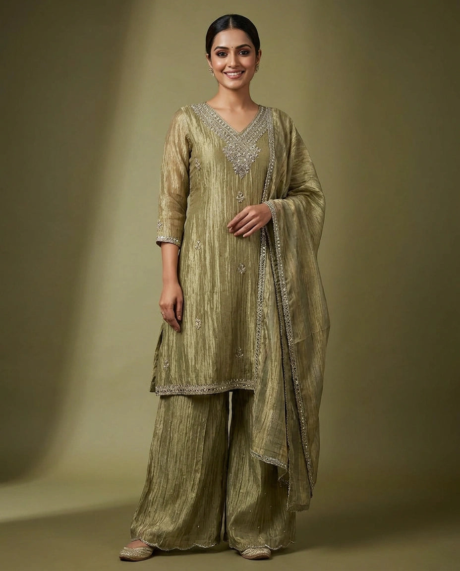 Crush Tissue Palazzo Suit with Woven Design - Rangoli India