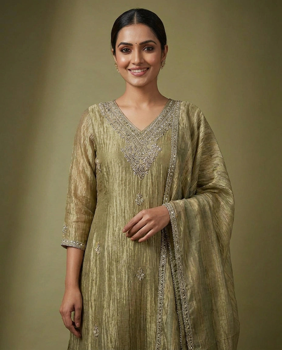 Crush Tissue Palazzo Suit with Woven Design - Rangoli India