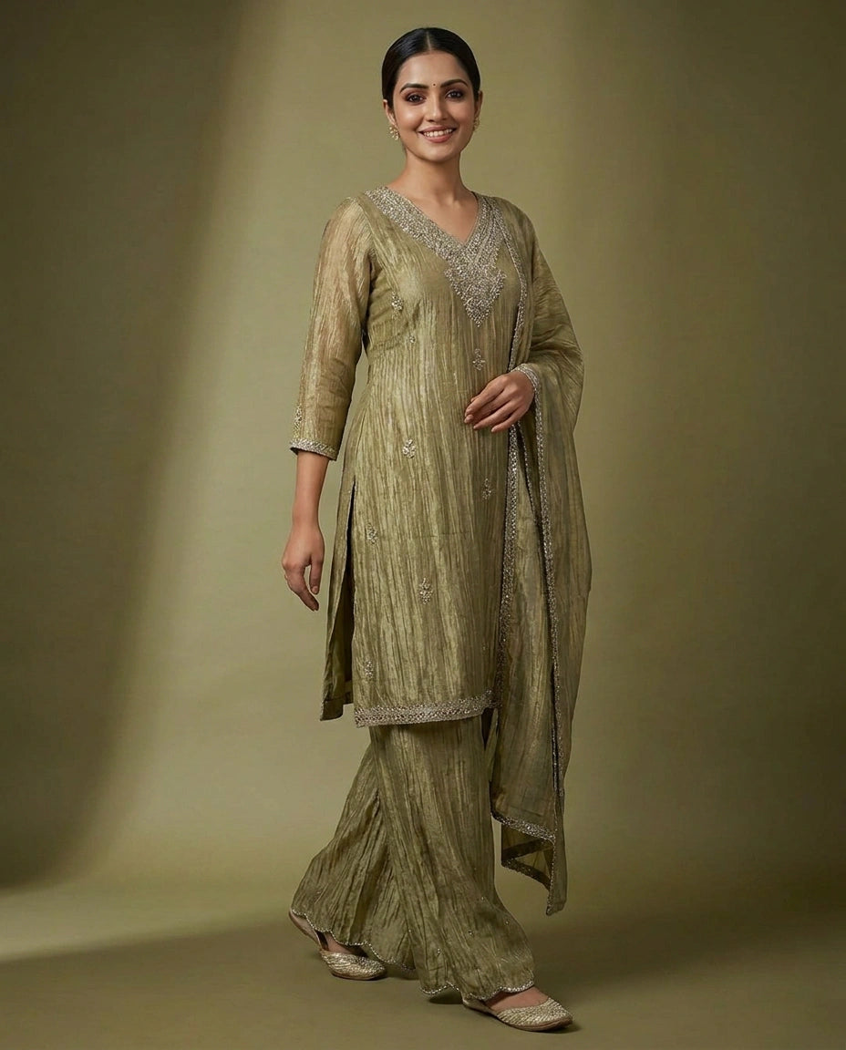 Crush Tissue Palazzo Suit with Woven Design - Rangoli India