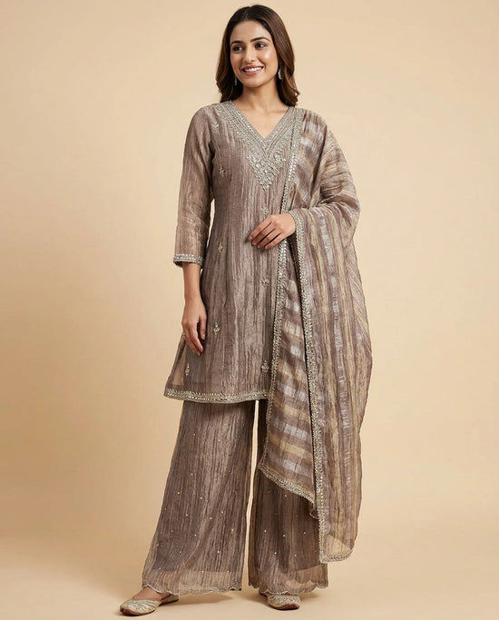 Crush Tissue Palazzo Suit with Woven Design - Rangoli India