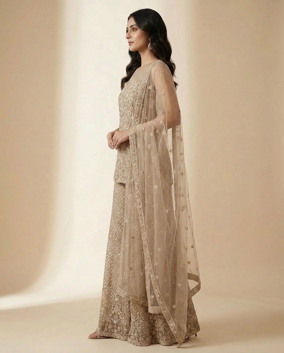 Net Palazzo Suit with Cutdana Embellishment Online India - Rangoli India