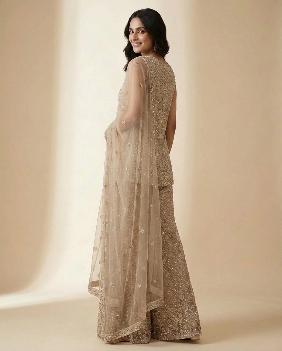 Net Palazzo Suit with Cutdana Embellishment Online India - Rangoli India