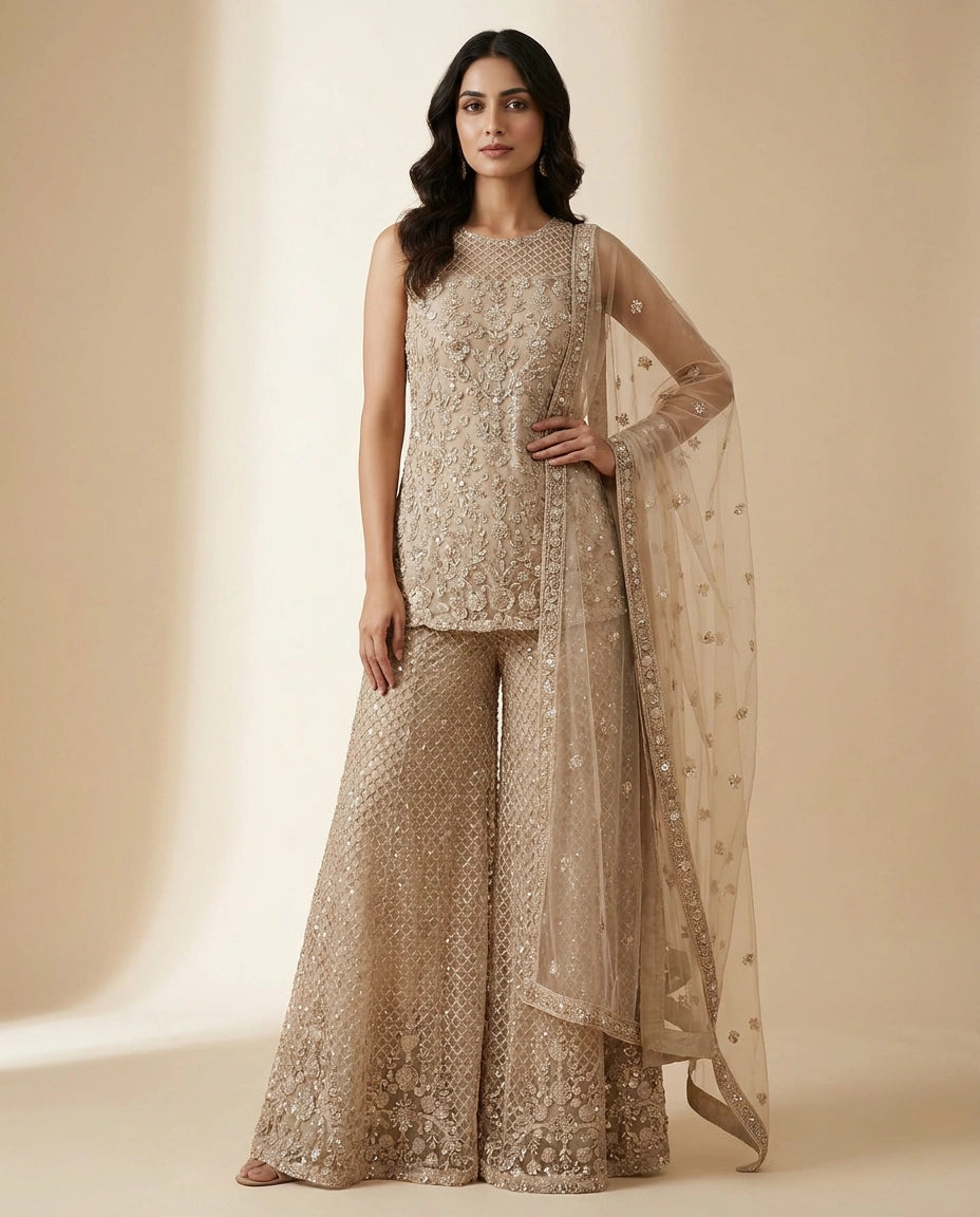 Net Palazzo Suit with Cutdana Embellishment Online India - Rangoli India