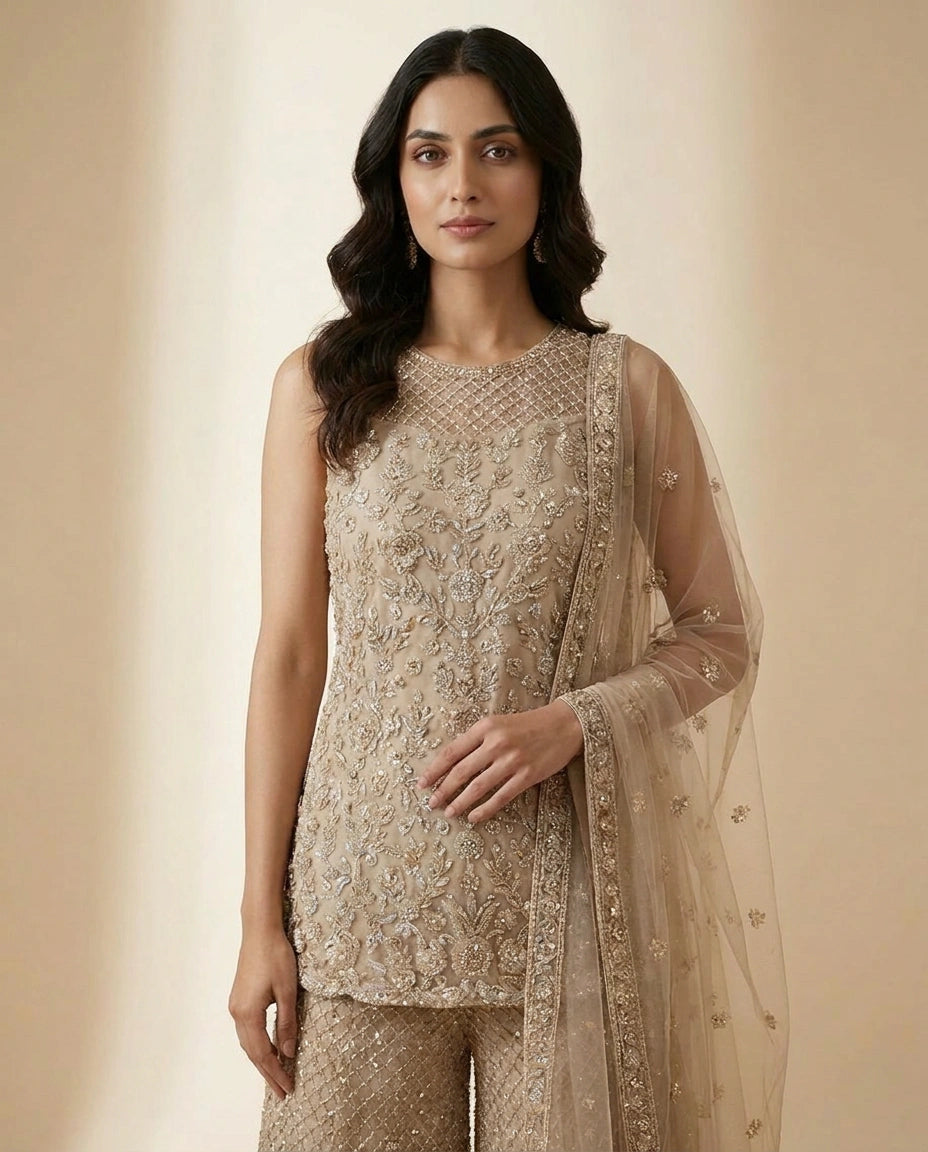 Net Palazzo Suit with Cutdana Embellishment Online India - Rangoli India