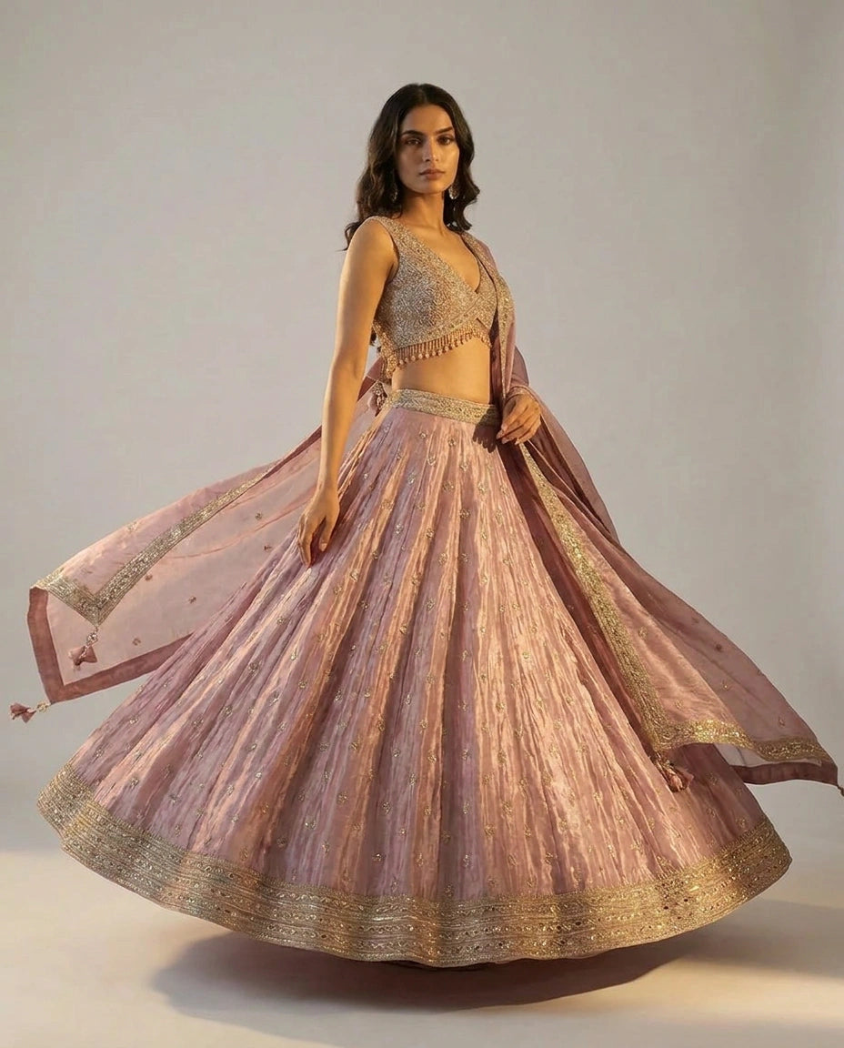 Tissue Croptop Lehenga with Sequin and Zari Embellished Skirt - Rangoli India