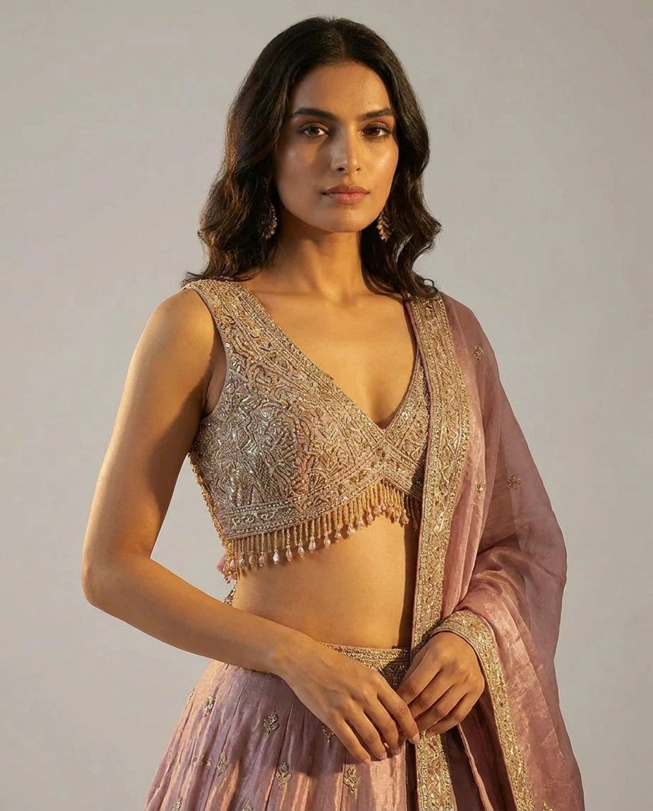 Tissue Croptop Lehenga with Sequin and Zari Embellished Skirt - Rangoli India