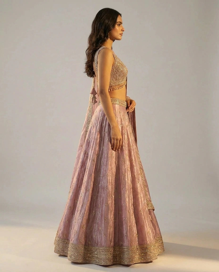 Tissue Croptop Lehenga with Sequin and Zari Embellished Skirt - Rangoli India