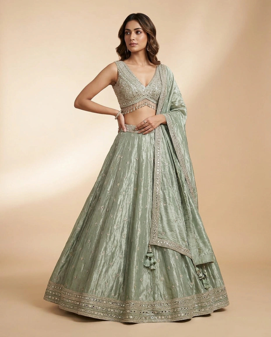 Tissue Croptop Lehenga with Sequin and Zari Embellished Skirt - Rangoli India