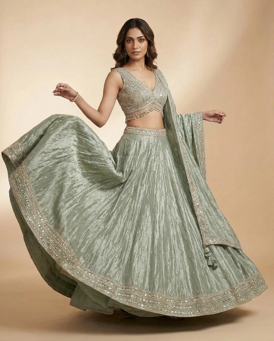 Tissue Croptop Lehenga with Sequin and Zari Embellished Skirt - Rangoli India