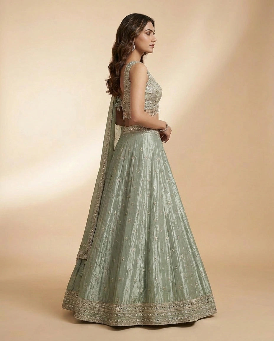 Tissue Croptop Lehenga with Sequin and Zari Embellished Skirt - Rangoli India