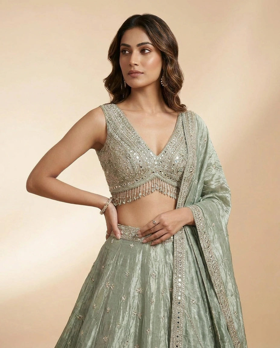Tissue Croptop Lehenga with Sequin and Zari Embellished Skirt - Rangoli India
