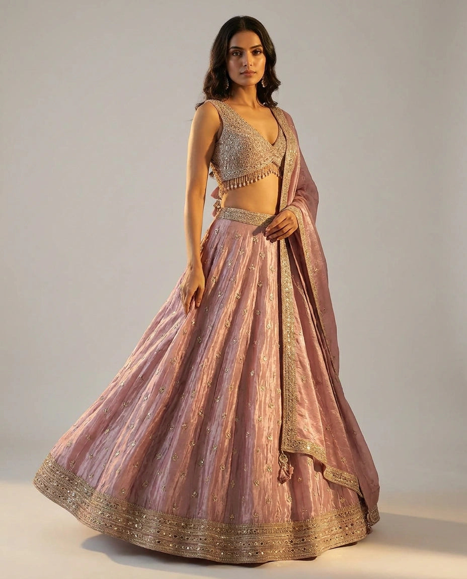 Tissue Croptop Lehenga with Sequin and Zari Embellished Skirt - Rangoli India