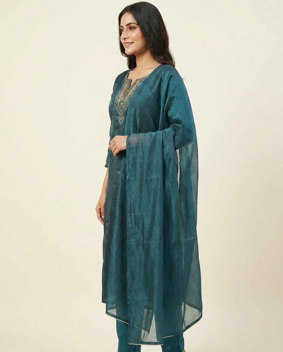 Straight Suit in Fandy Tissue With Embroidery - Rangoli India