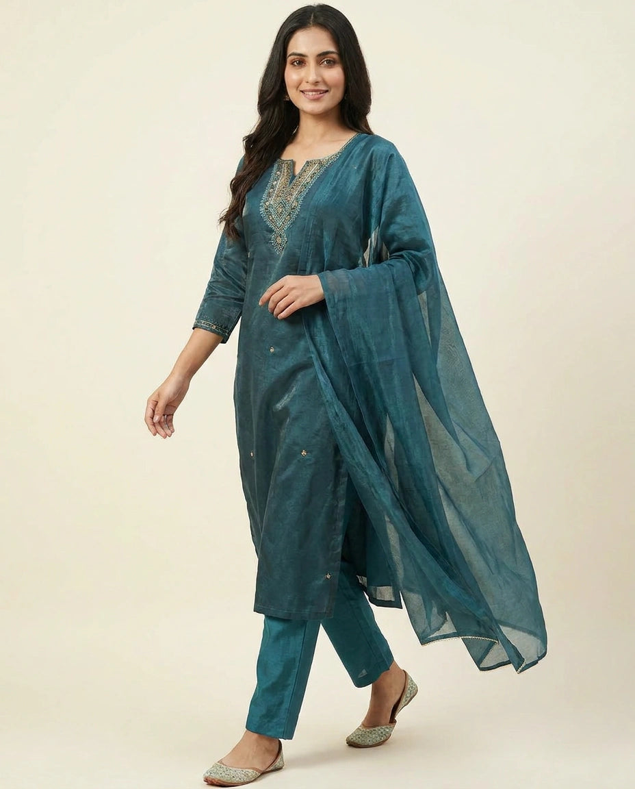Straight Suit in Fandy Tissue With Embroidery - Rangoli India