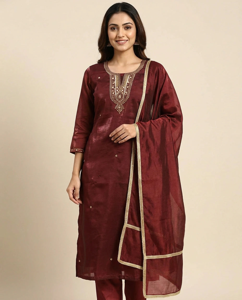 Straight Suit in Fandy Tissue With Embroidery - Rangoli India