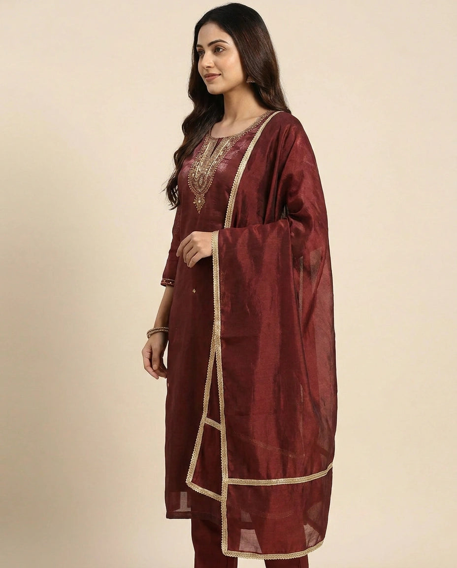 Straight Suit in Fandy Tissue With Embroidery - Rangoli India