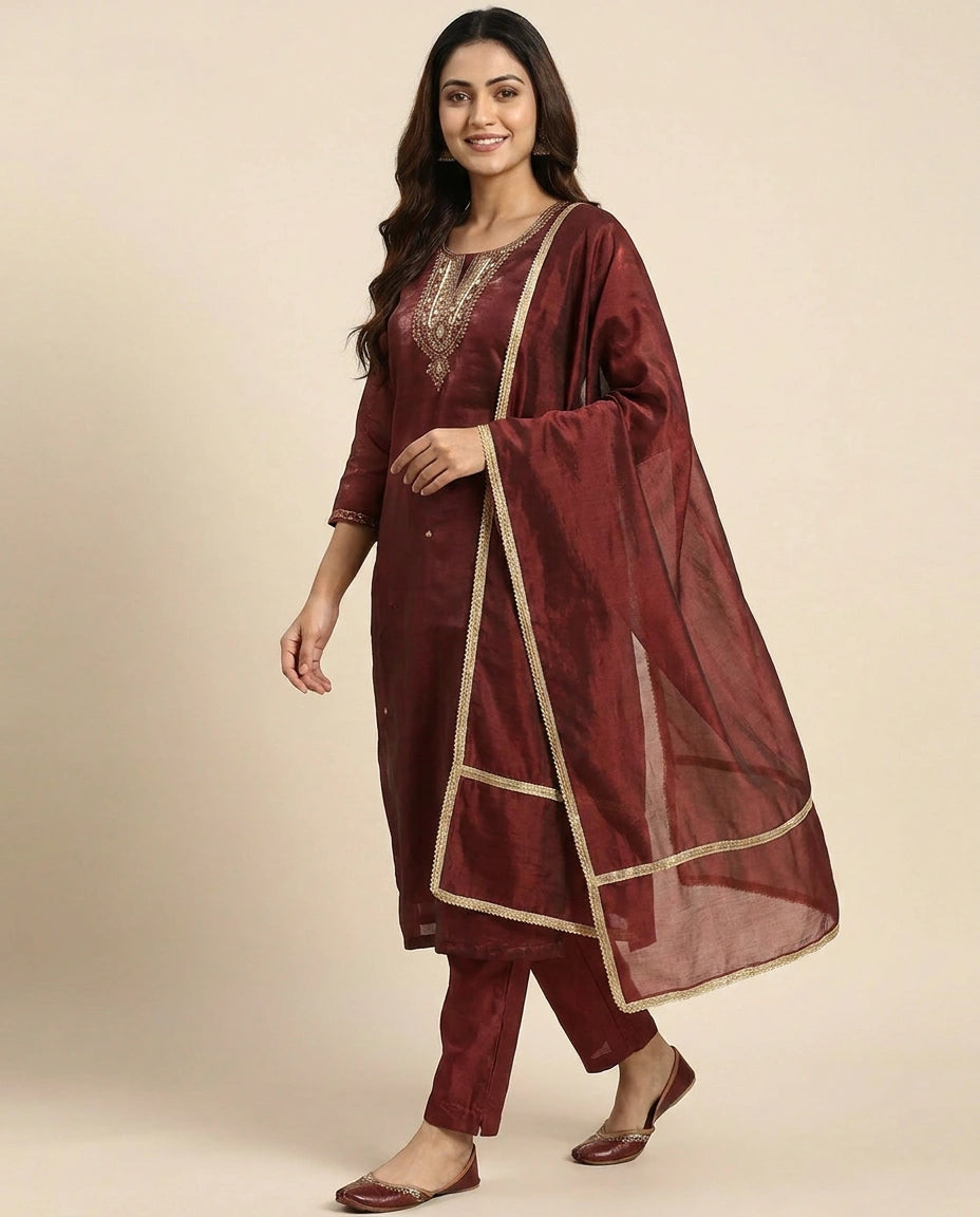Straight Suit in Fandy Tissue With Embroidery - Rangoli India
