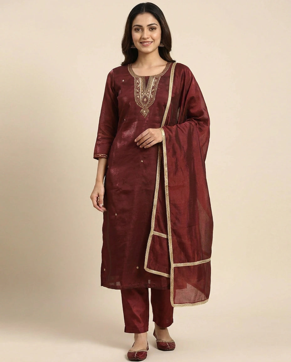 Straight Suit in Fandy Tissue With Embroidery - Rangoli India