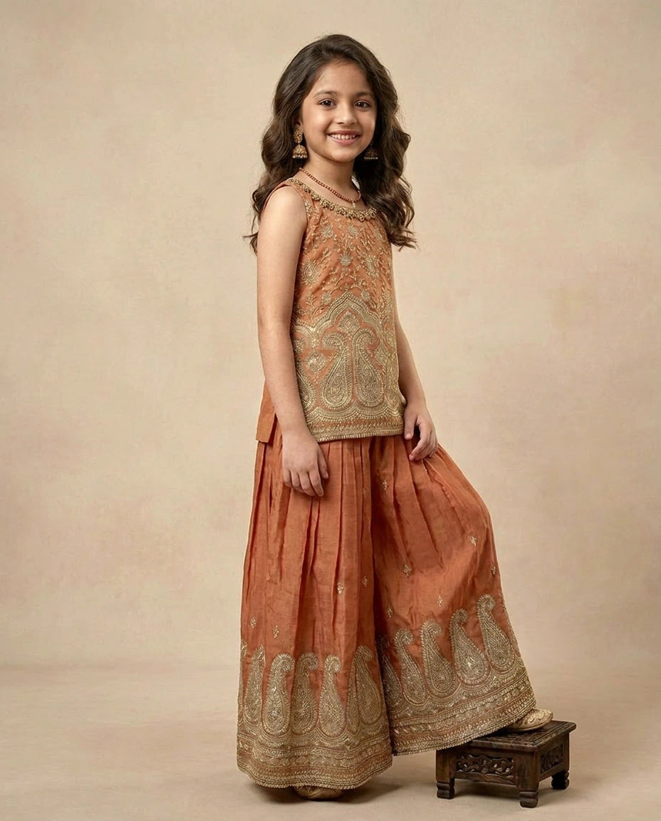 Peach Kids Co-ord Set Set in Silk Katan - Rangoli India