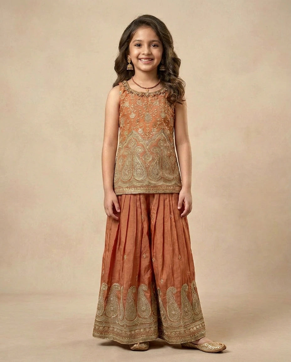Peach Kids Co-ord Set Set in Silk Katan - Rangoli India