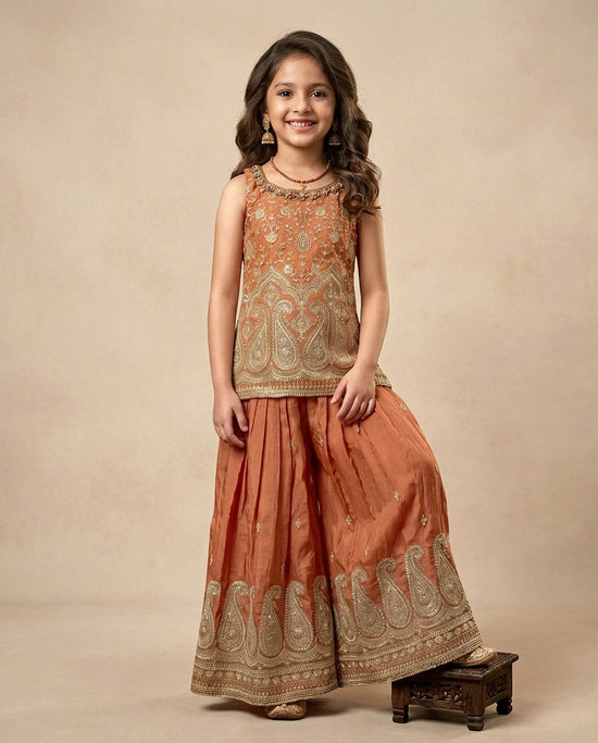 Peach Kids Co-ord Set Set in Silk Katan - Rangoli India