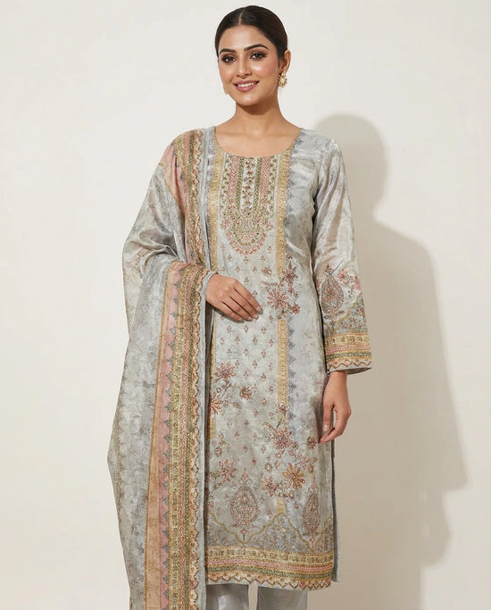 Tissue Straight Suit with All-Over Detail - Rangoli India