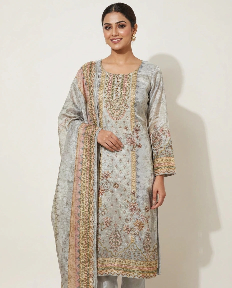 Tissue Straight Suit with All-Over Detail - Rangoli India
