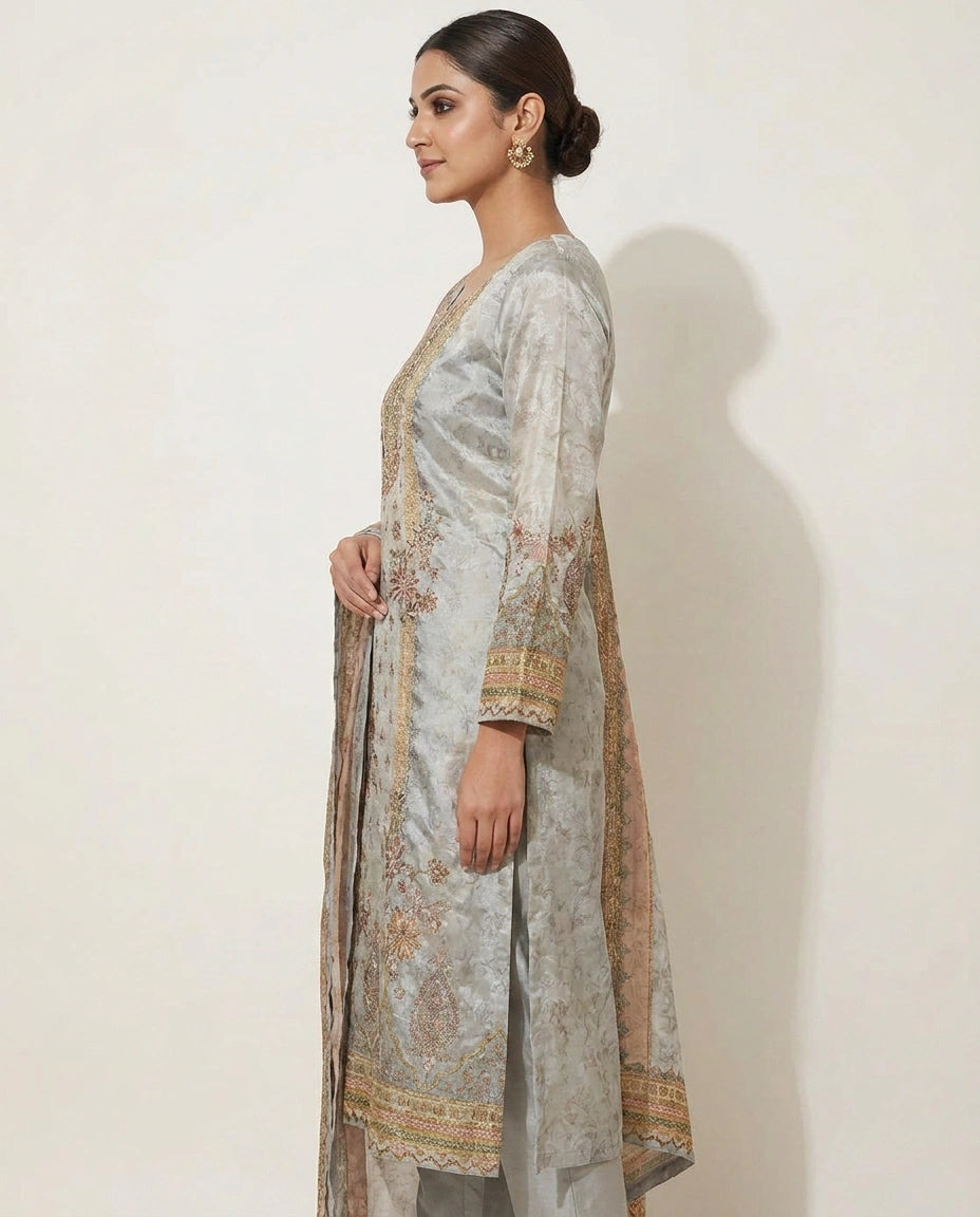 Tissue Straight Suit with All-Over Detail - Rangoli India