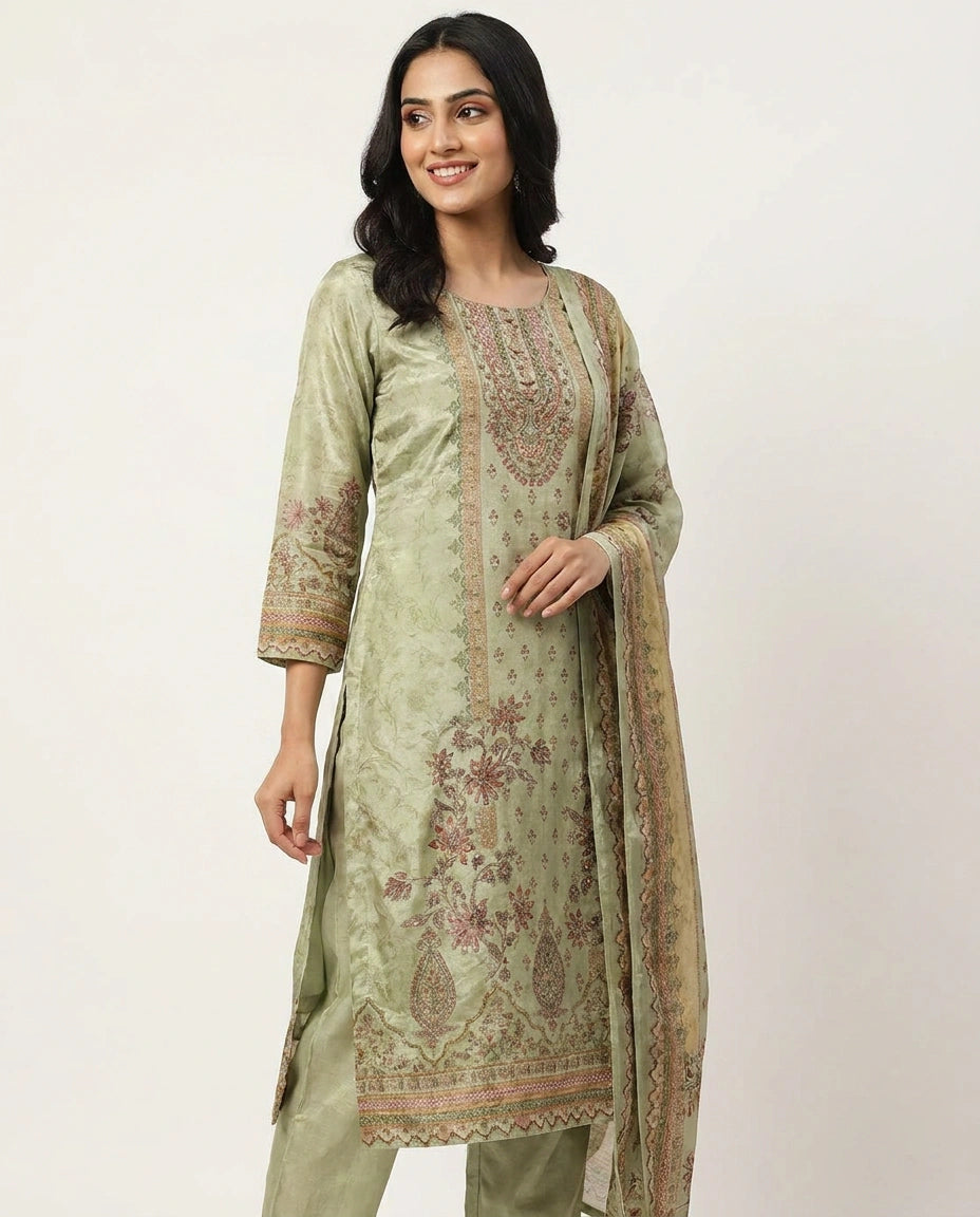 Tissue Straight Suit with All-Over Detail - Rangoli India
