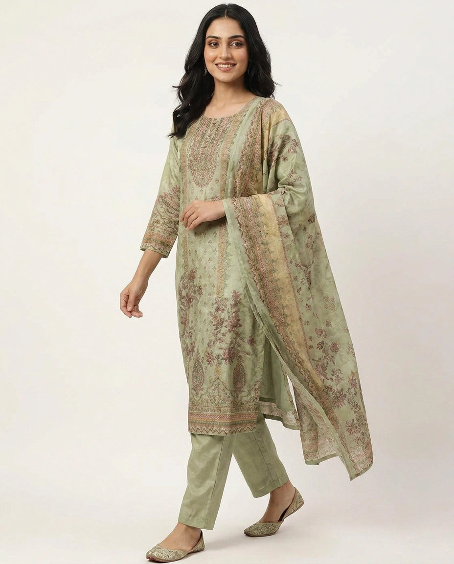 Tissue Straight Suit with All-Over Detail - Rangoli India
