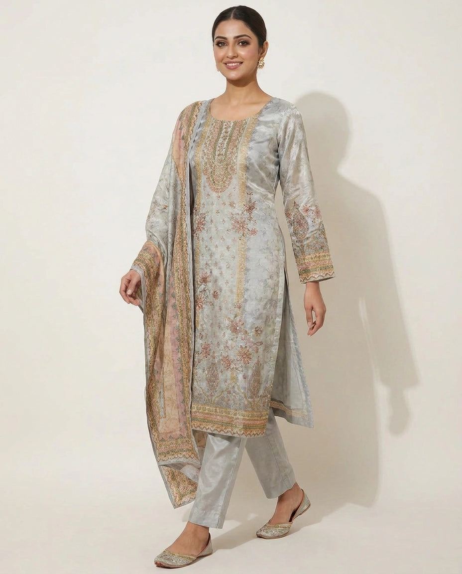 Tissue Straight Suit with All-Over Detail - Rangoli India