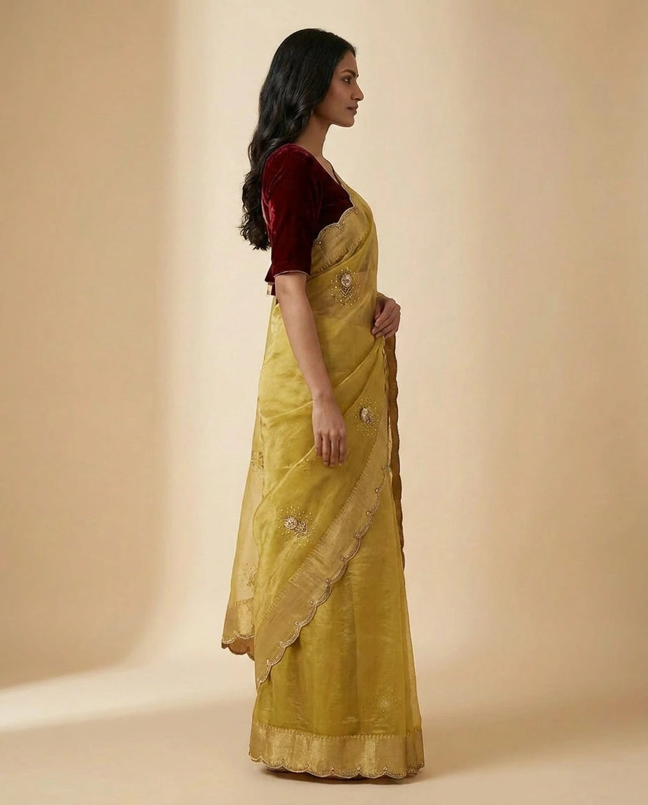 Tissue Silk Saree with Zari and Thread Embroidery Pallu by Rangoli