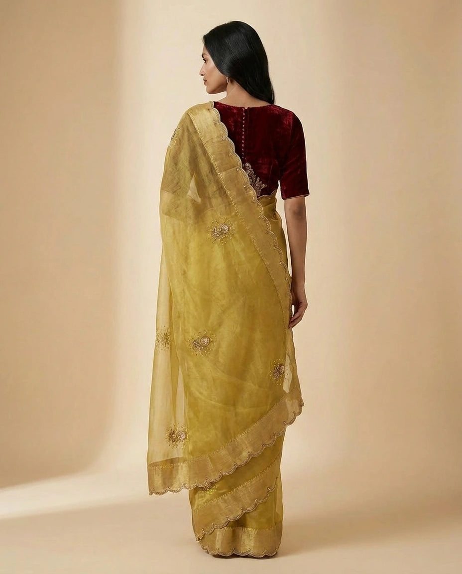 Tissue Silk Saree with Zari and Thread Embroidery Pallu by Rangoli