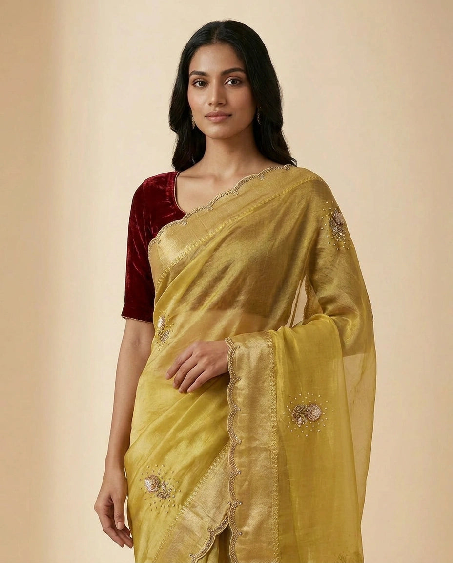 Tissue Silk Saree with Zari and Thread Embroidery Pallu