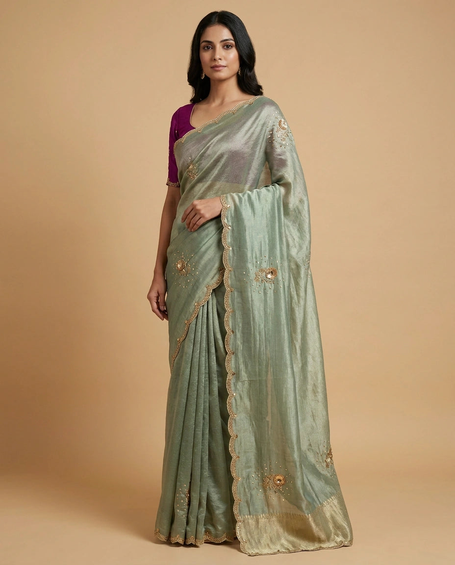 Tissue Silk Saree with Zari and Thread Embroidery Pallu by Rangoli