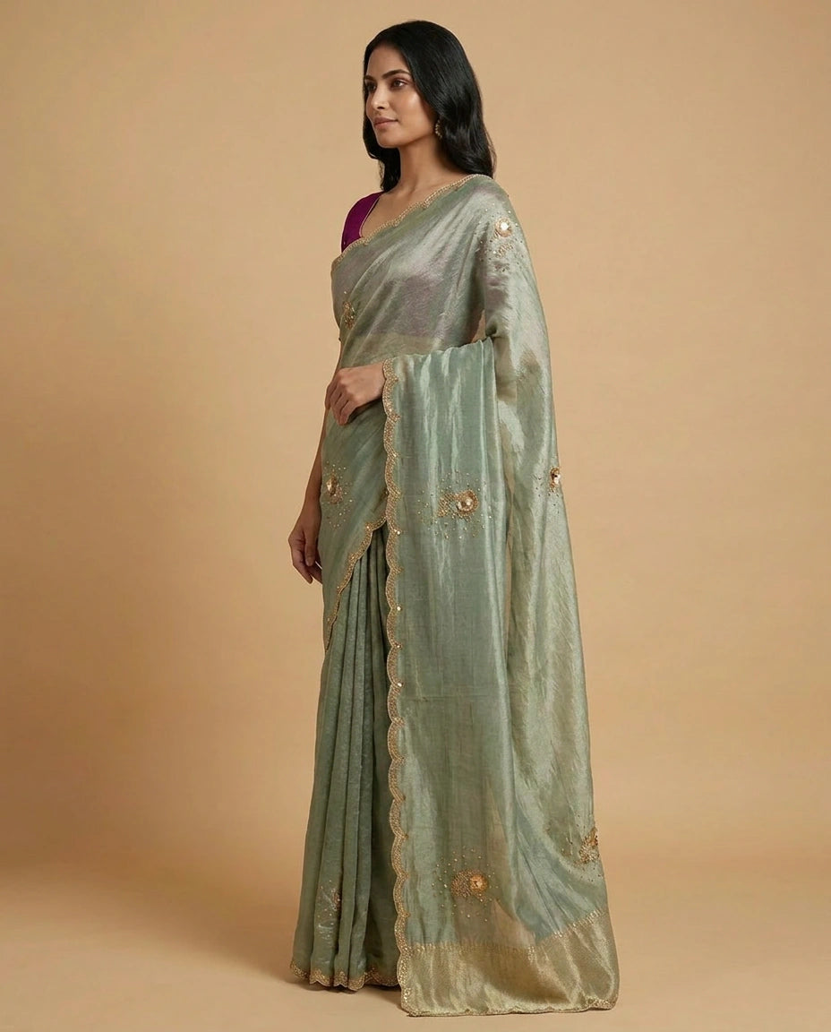 Tissue Silk Saree with Zari and Thread Embroidery Pallu by Rangoli