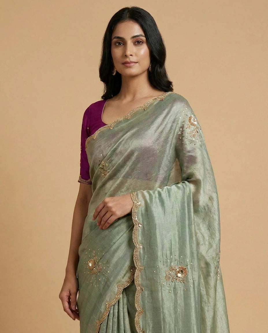 Tissue Silk Saree with Zari and Thread Embroidery Pallu by Rangoli